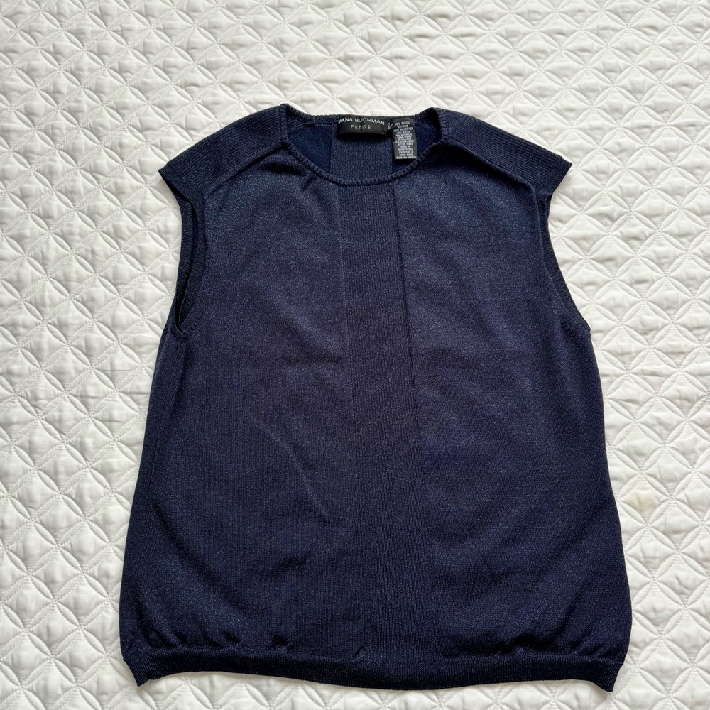 Dana Buchman Navy Blue Metallic Knit Crewneck Cap Sleeve Tank Top Size LP